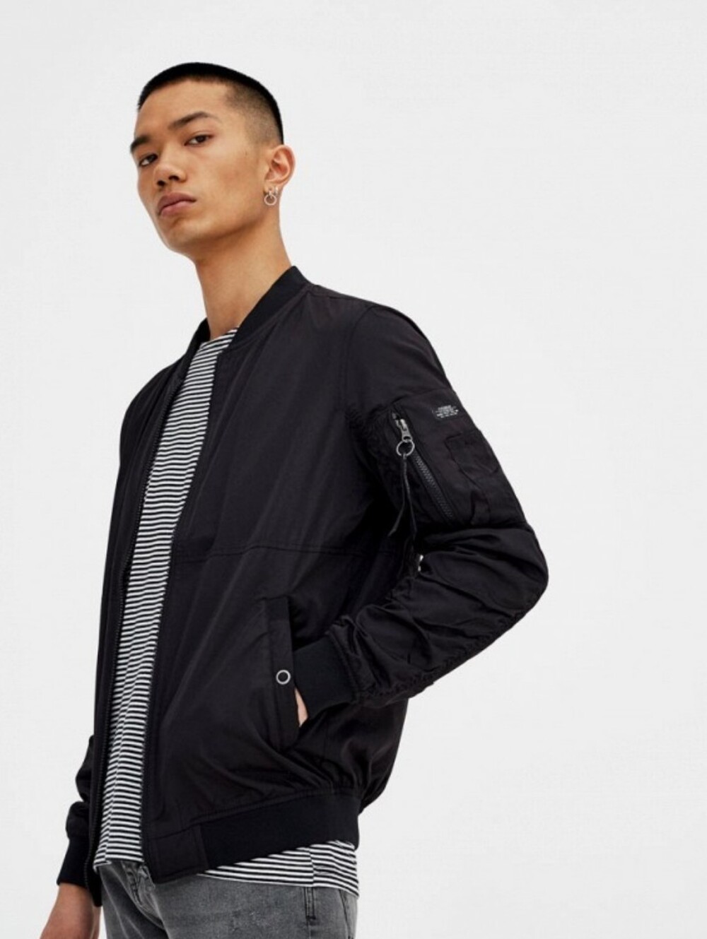 Pull & Bear Lightweight Black Bomber Flight Jacket MA-1 Style Full Zip Men's L